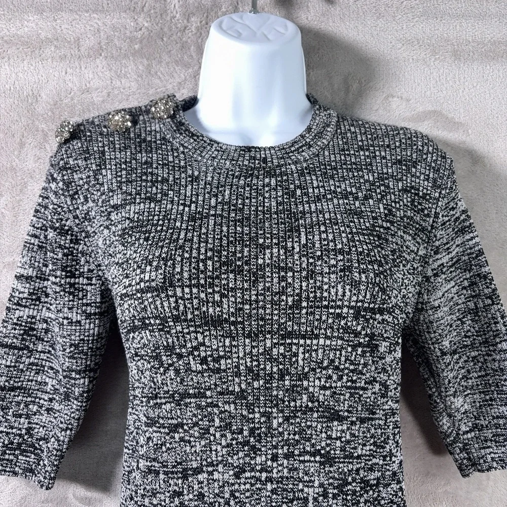 Ganni Melange Knit Top Womens Large Gray Crystal Embellished 3/4 Sleeve